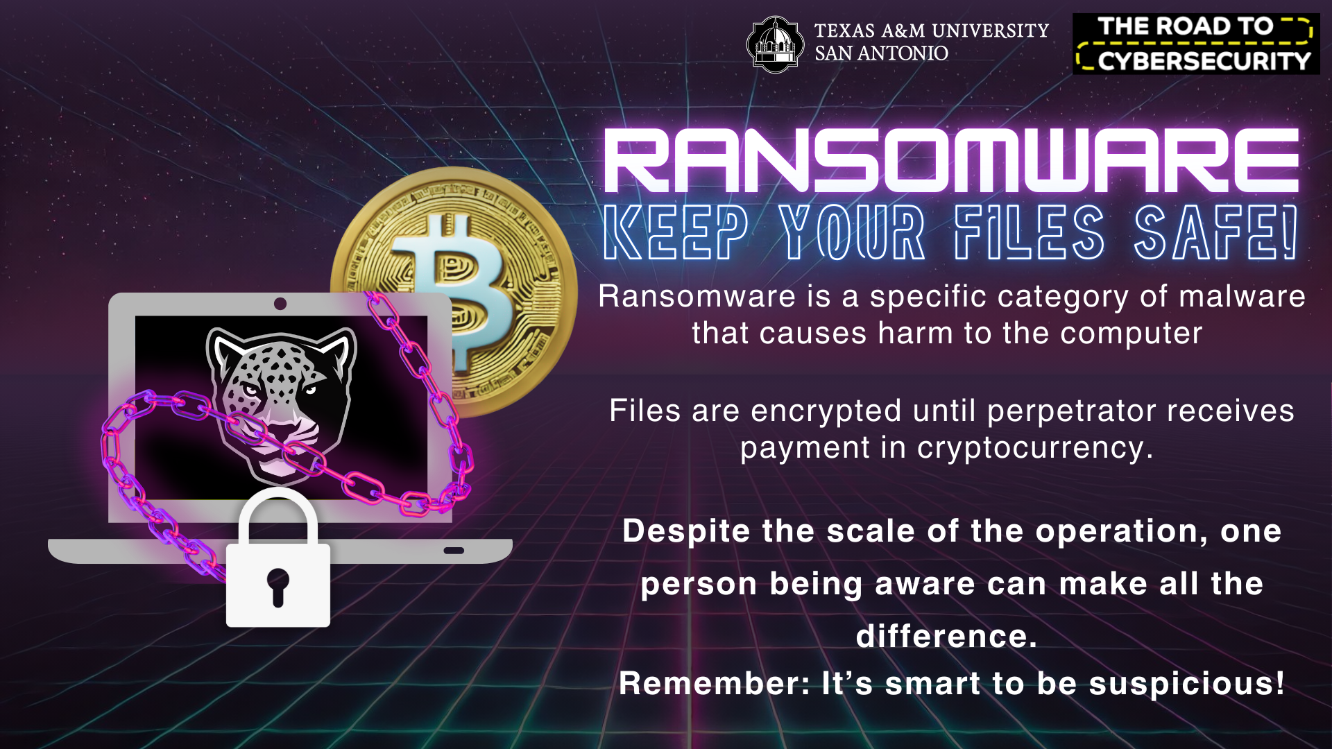 Ransomware - Keep Your Files Safe!  Ransomware is a specific category of malware that causes harm to the computer  Files are encrypted until perpetrator receives payment in cryptocurrency.  Despite the scale of the operation, one person being aware can make all the difference.  Remember: It’s smart to be suspicious!